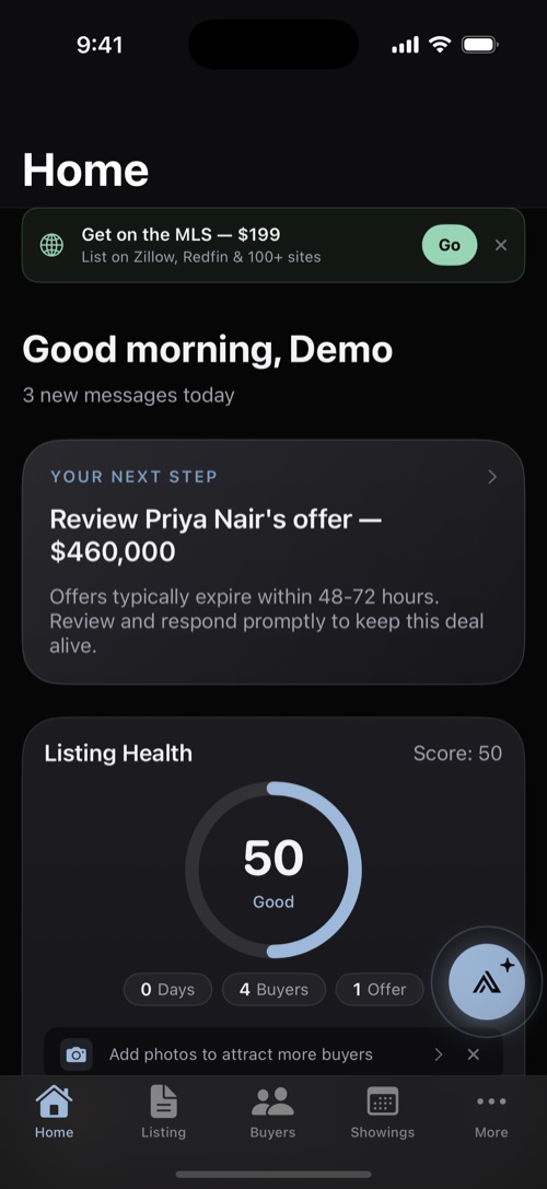 FSBO home dashboard on iPhone